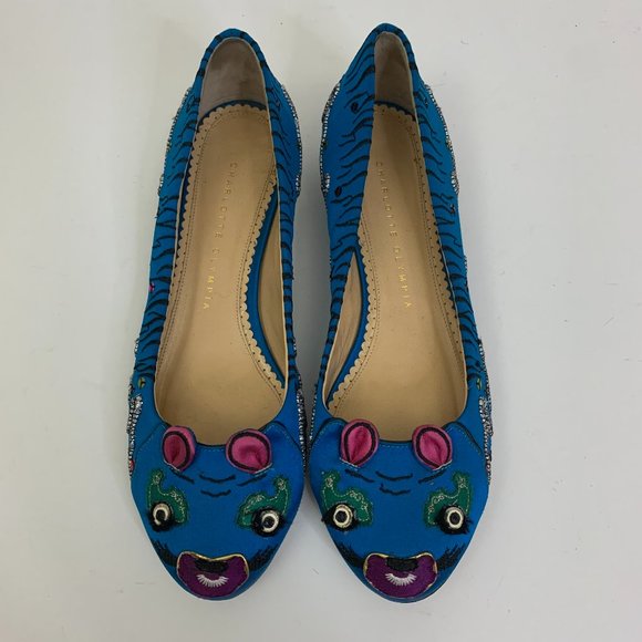 Charlotte Olympia Shoes - Charlotte Olympia Crouching Tiger Satin Loafer Women's Size 38  Blue